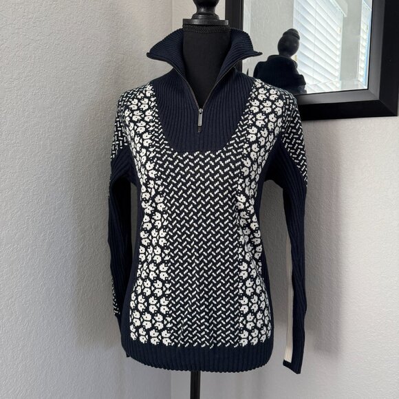 KARI TRAA Smekker Navy White Knit Long Sleeve Zip Turtleneck Sweater Small - Picture 5 of 14